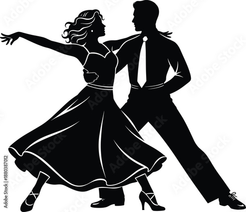 Elegant ballroom dance couple silhouette performing tango pose with flowing dress, dynamic movement and classic partner choreography isolated on white background