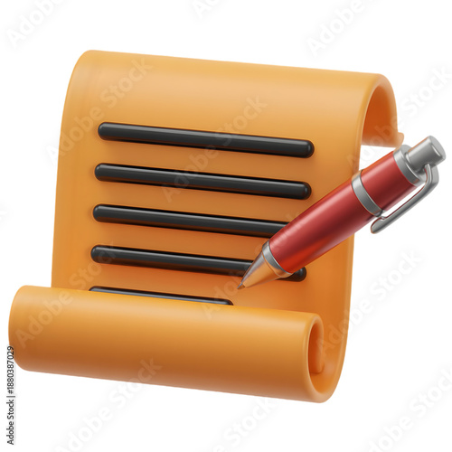 3D illustration of pen on scroll paper transparent background