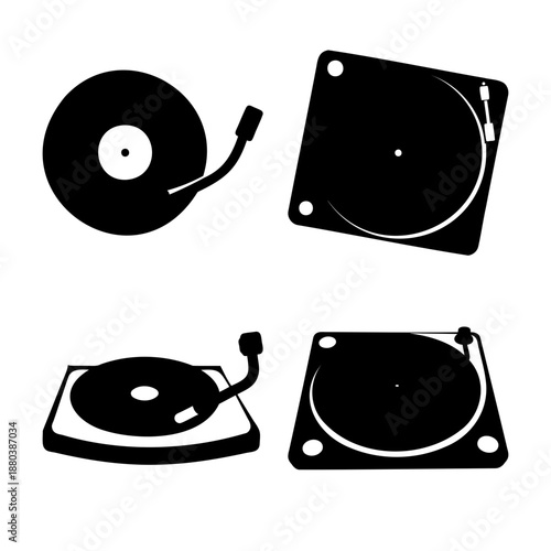 Collection of vintage vinyl record and turntable silhouettes for music and audio design