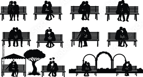 Romantic park bench couple silhouettes set showing sitting, hugging and kissing lovers, outdoor dating relationship moments isolated on white background