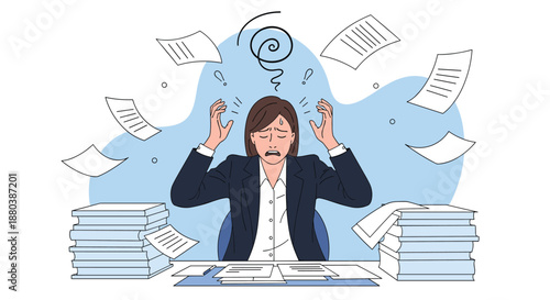 Overwhelmed business woman sitting at desk surrounded by flying papers and tall stacks of documents expressing stress and heavy workload.