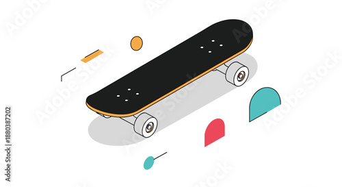 Isometric view of black and wood skateboard with white wheels surrounded by colorful geometric shapes on a clean white background surface.