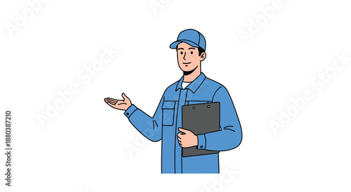 Friendly delivery man or service worker in blue uniform and cap holding a clipboard and gesturing with his hand on a plain white background.