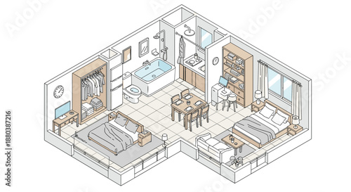 Detailed isometric layout of modern studio apartment including two beds, dining area, kitchen, bathroom, and storage spaces in neutral tones.