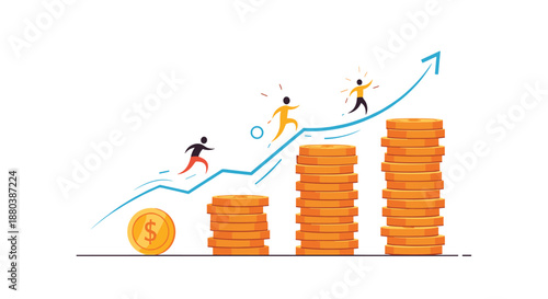 Business figures running up an upward trending line graph on stacks of gold coins representing financial growth and success.