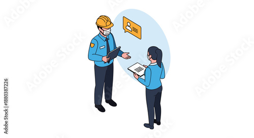 Isometric view of a security guard in uniform and face mask talking to a woman and checking her identification card or documents.