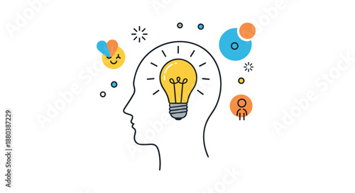 Human head profile with glowing yellow lightbulb inside brain area surrounded by creative icons representing innovation and problem solving.