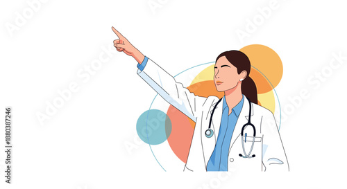 Female doctor wearing white coat and stethoscope pointing upwards with her finger against a background of colorful overlapping circles.