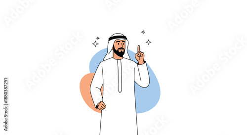 Happy Arab man in traditional white kandura pointing his finger up with sparkling stars around representing a great idea or inspiration.