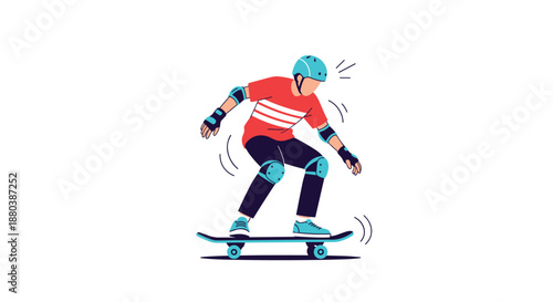 Young person on a skateboard wearing a helmet, elbow pads, and knee pads for safety while riding on a plain white background.