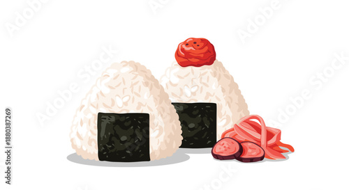 Two japanese onigiri rice balls wrapped in nori seaweed with pickled ginger and a plum garnish on a clean white background.