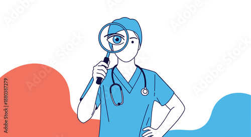 Healthcare professional in blue scrubs holding a large magnifying glass over her eye representing detailed medical examination and research.