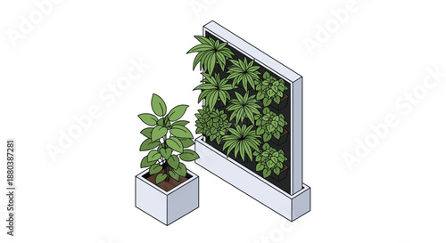 Isometric view of a modern green vertical garden wall alongside a matching square potted plant representing urban nature and interior design.
