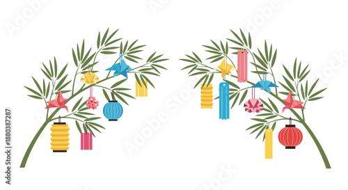 Two green bamboo branches decorated with colorful paper ornaments, cranes, and lanterns for the traditional Japanese Tanabata festival.