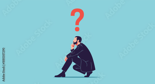 Businessman sitting in a thoughtful pose with a large red question mark floating above his head against a light blue background.