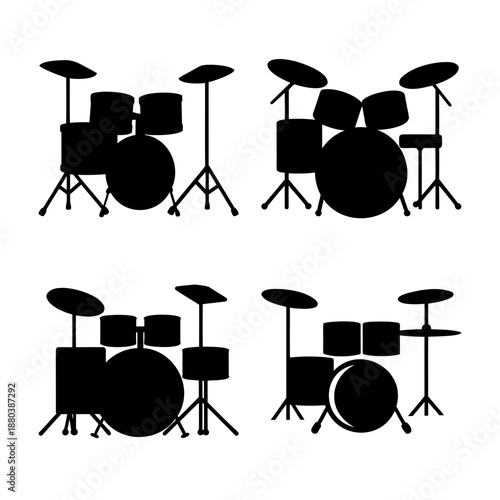 Various drum kit silhouettes for musical instrument and rhythm designs
