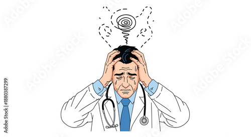Male doctor in white coat with stethoscope holding his head in distress with a swirl of confusion and stress above his head.