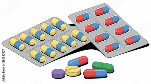 Colorful pills in blister packs isolated on white background