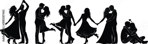 Romantic couples silhouettes set showing dancing, kissing, holding hands and intimate moments, love relationship concepts isolated on white background