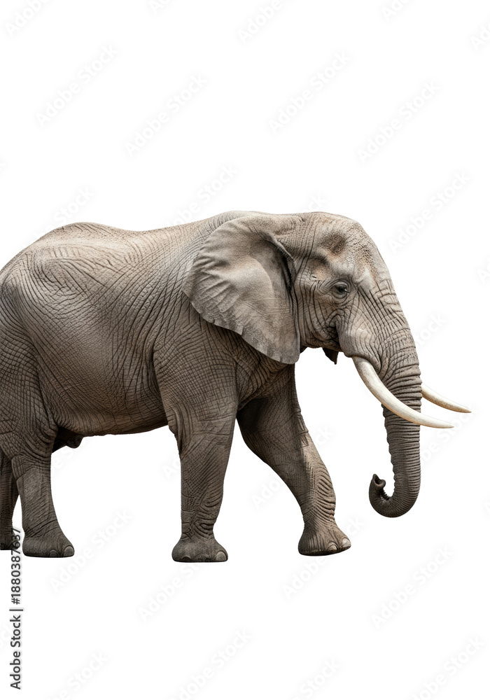 Obraz premium majestic adult male african bush elephant bull in full-body profile, walking slowly, showing detailed weathered skin and massive ivory tusks on a transparent high-key backdrop concept of primal