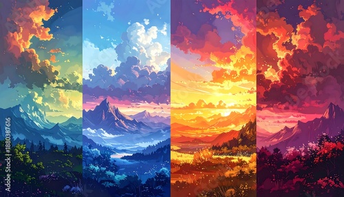 Four stylized panels displaying scenic landscapes green, blue, yellow, and red sky vistas