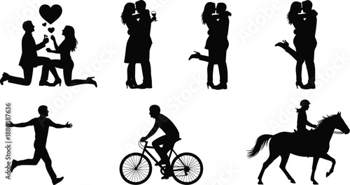 Romantic couples silhouettes set featuring proposal, kissing lovers, joyful running man, cycling rider, and horseback riding woman isolated on white