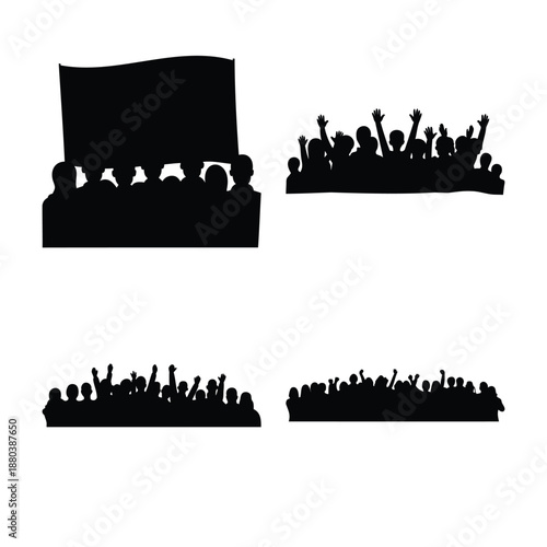 Silhouettes of protesting and cheering crowds with raised hands and a held banner