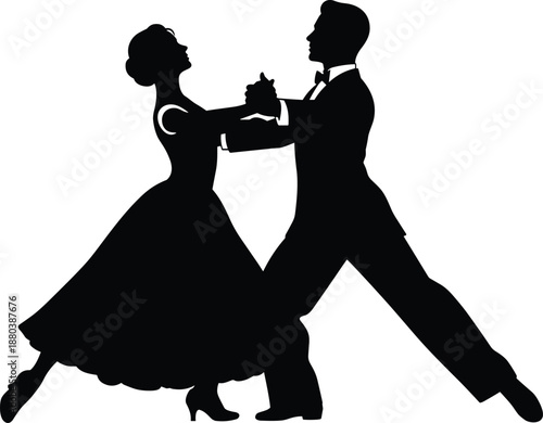 Elegant ballroom dance couple silhouette performing classic waltz tango pose isolated on white background vector illustration
