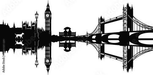 London city skyline silhouette featuring Big Ben, Tower Bridge, romantic couple on bench, mirrored reflection, iconic landmarks isolated on white