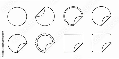 Various sticker and label shapes in a black and white line drawing
