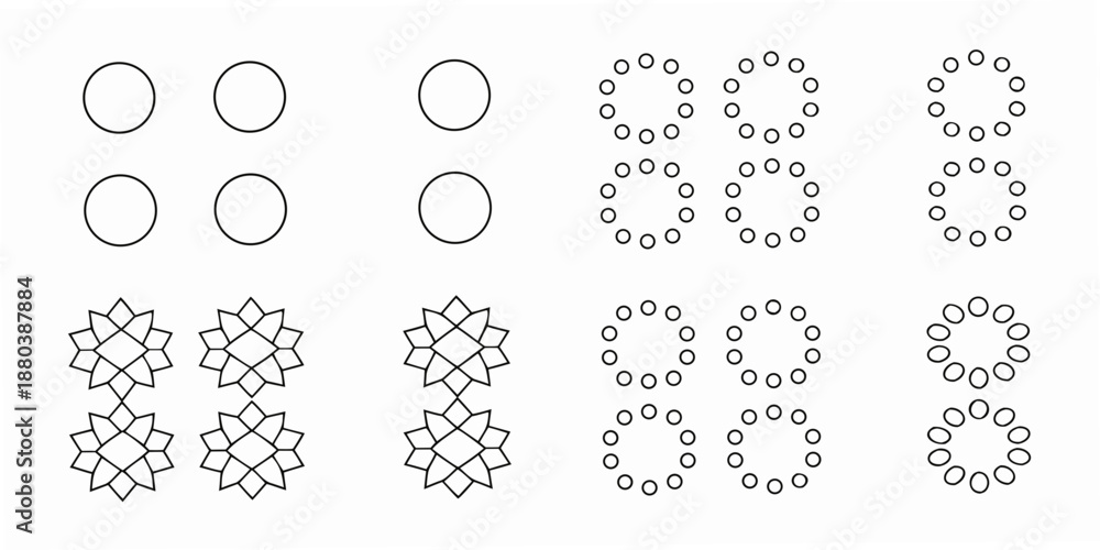 Fototapeta premium Arrangement of circles and patterns from simple to complex geometric designs