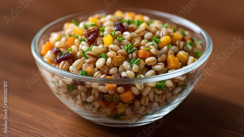 Bowl of healthy barley salad with dried fruit and colorful diced vegetables
