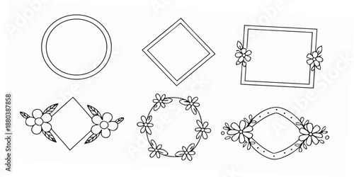 Simple black and white drawings of various geometric shapes and floral frames