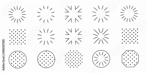 An arrangement of geometric patterns including radial bursts and dotted shapes