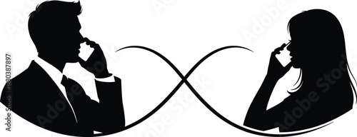 Long distance relationship concept silhouette showing man and woman talking by phone with infinity connection symbol isolated on white background