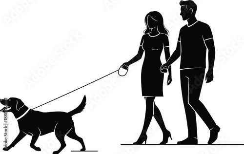 Happy couple walking dog together silhouette illustration showing pet ownership lifestyle love companionship and outdoor relationship activity isolated on white background