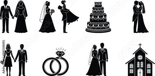Wedding silhouette icon set featuring bride groom couples rings cake church ceremony elements isolated vector illustration collection