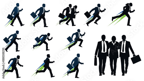 Businessmen Running with Briefcases and Standing Together.