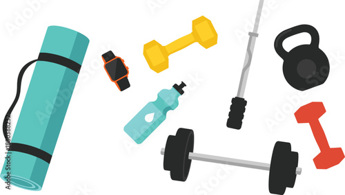 Fitness workout equipment vector illustration with yoga mat, dumbbells, barbell, kettlebell, smartwatch, and water bottle