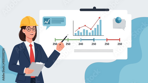 Businesswoman in hard hat analyzing graph data.