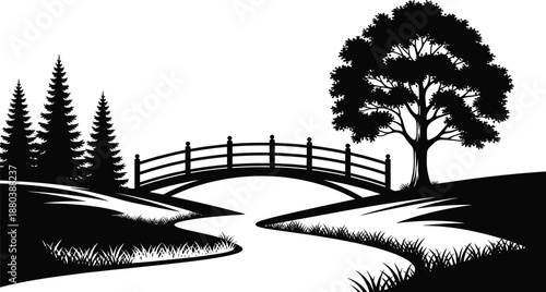 Black and white nature silhouette featuring a wooden bridge over a winding river with pine trees and a large oak tree.