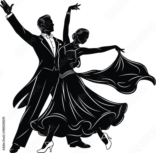 Elegant ballroom dance couple silhouette performing graceful waltz or tango movements in formal attire isolated on white background illustration