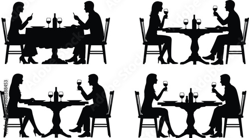 Elegant couple dining silhouettes set showing romantic dinner conversation wine glasses restaurant date scenes isolated on white background illustration