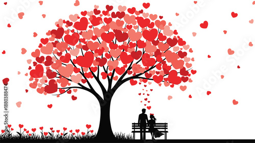 Romantic couple sitting under heart shaped tree silhouette illustration symbolizing love romance Valentine relationship concept isolated on white background