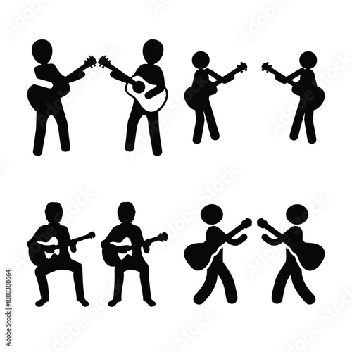 Minimalist stick figure musicians playing guitar in various standing and sitting positions