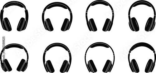 Black headphones icon set collection, audio listening symbols isolated on white background, music podcast sound technology illustration