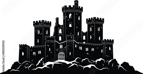 Black silhouette of a medieval stone castle with multiple towers and gatehouse on a rocky hill isolated on white background.