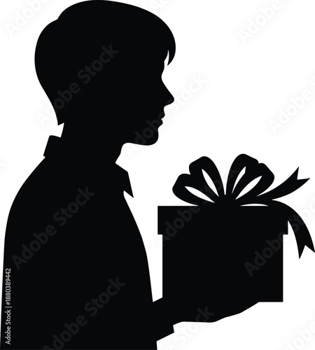 Gift silhouette, child holding present, celebration icon, birthday moment, festive vector, black shape, holiday joy, giving gesture, surprise box, profile art