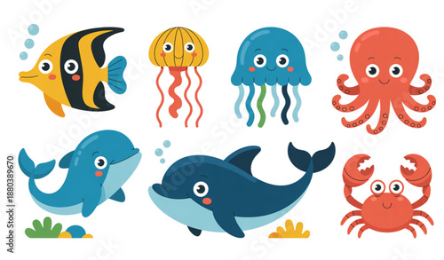 Cute Cartoon Sea Animals Vector Collection Colorful Ocean Creatures