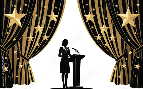 Silhouette of a woman speaker at a podium on stage with gold stars and elegant curtains for an awards ceremony.